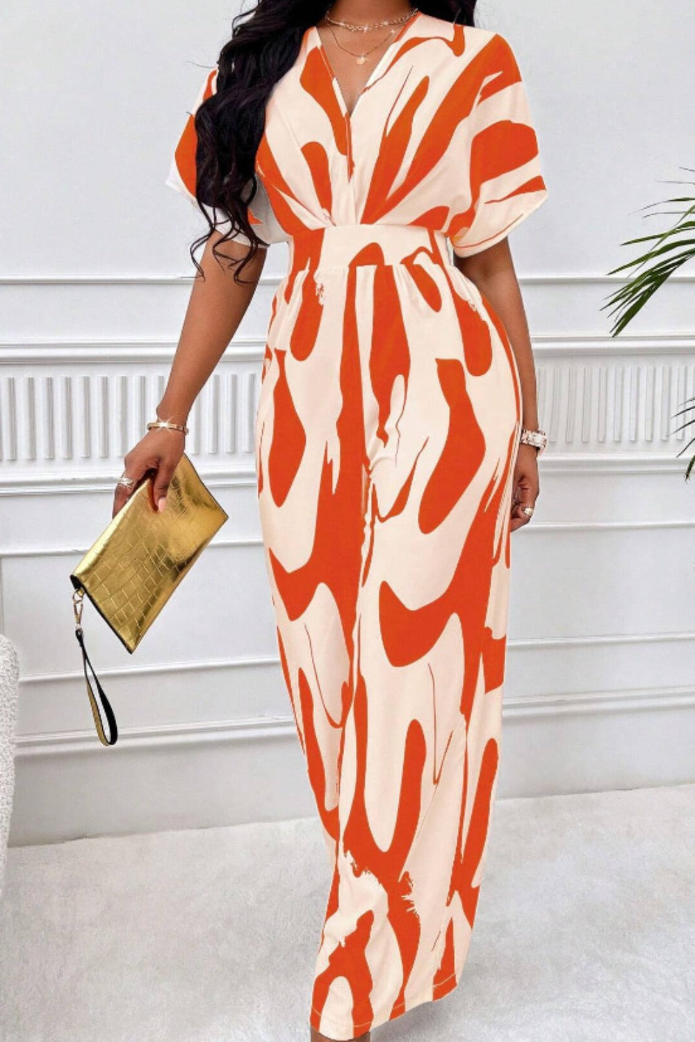 Printed V-Neck Short Sleeve Wide Leg Jumpsuit